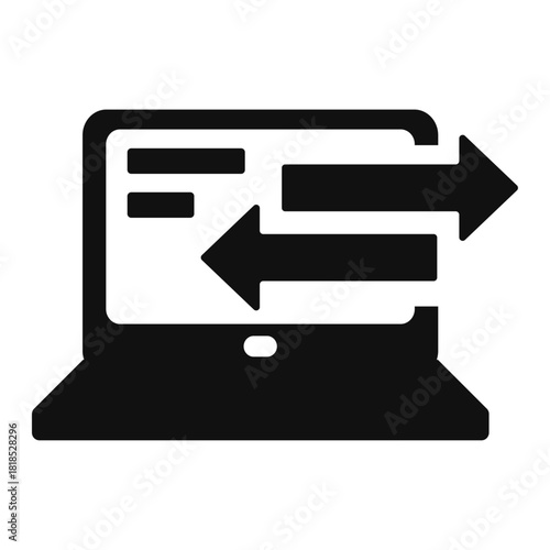 Laptop data transfer vector icon — notebook computer with send and receive arrows in minimal flat outline style for file sharing, sync, communication, and digital workflow design
