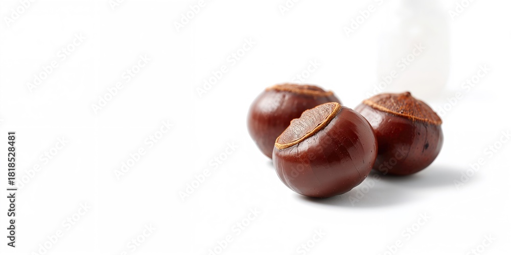 Obraz premium Three chestnuts placed beside a bottle on a white background, designed for text overlay, food photography style
