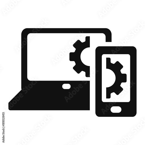 Laptop and smartphone settings vector icon — cross-device configuration symbol with gear elements in minimal flat outline style for system tools, synchronization, and modern UI design

