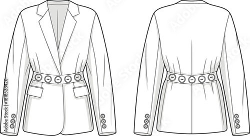 PrintFashion technical drawing of a belted blazer jacket with large belt and buttons, flat sketch template illustration, front and back view vector