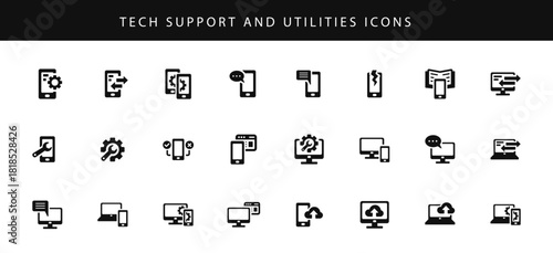 Tech support and utilities icons set — minimal flat outline vector collection of device repair, settings, data transfer, cloud sync, communication, and cross-platform interface symbols for modern UI 