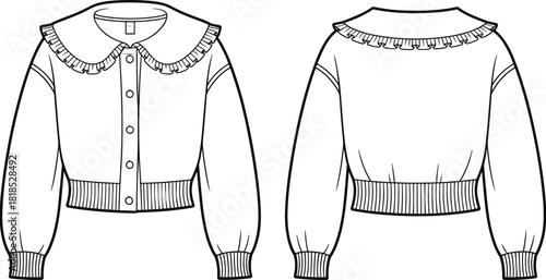 PrintFashion technical drawing of a cropped cardigan sweater with oversized ruffled collar, buttons, and rib trim, flat sketch vector template, front and back view
