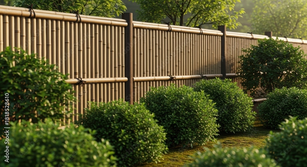 Fototapeta premium Traditional japanese bamboo fence with green bushes in a zen garden. Oriental natural privacy屏風. Asian outdoor decor and nature.
