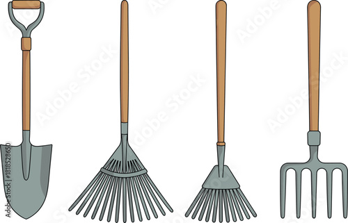 PrintGardening and Farm Tools Vector Illustration Set, Shovel, Rakes, Pitchfork, Equipment, Agricultural, Horticultural, Wood Handle, Outline Drawing, Isolated