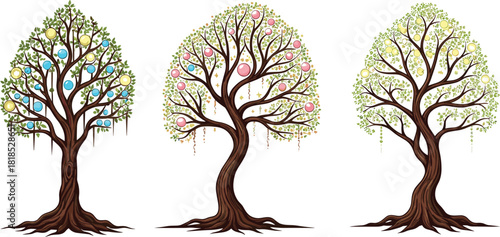 Fantasy tree illustration, magical forest concept, glowing orbs, enchanted nature scene, stylized foliage, whimsical landscape, decorative plants, vector art, stock design