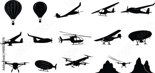 airplane, helicopter, drone, balloon, glider, blimp, aircraft, aviation, flying, transport, silhouette, vector, sky, flight, icons