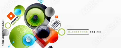 Abstract vector design. Circles, squares, lines create dynamic composition. Bright colors, modern style, clean aesthetic.