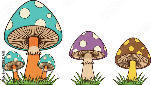 PrintFantasy Cartoon Mushrooms Vector Illustration Set, Toadstool, Fungi, Whimsical, Fairy Tale, Nature, Forest, Magic, Bright Colors, Isolated on White Background