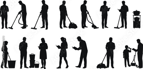 Cleaning staff icons, janitor silhouette, maintenance workers, vacuuming, mopping, bucket, checklist, cleaning equipment, sanitation tasks, vector set, black glyphs
