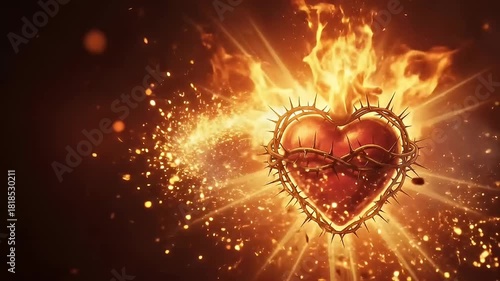 A powerfully rendered abstract heart pulsates with vibrant, internal light while enveloped in a crown of sharp thorns and fiery orange flames. Dynamic sparks and glowing particles radiate outwards aga