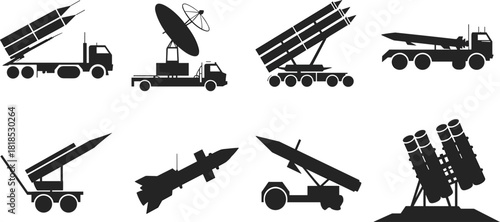 PrintMobile Missile Launchers and Air Defense Systems Silhouettes Vector Icons, Military Technology, Army, Weaponry, Defense, Security, War, Illustration, Collection