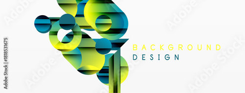 Abstract geometric shapes overlap, creating vibrant green, yellow, blue composition. Modern design element for backgrounds.