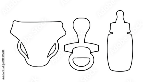 Baby essentials outline vector diaper pacifier bottle design