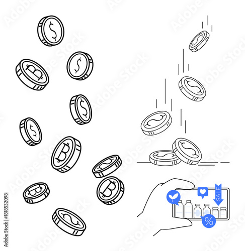 Coins with dollar and bitcoin signs falling, hand holding a smartphone showcasing e-commerce and product discounts. Ideal for finance, cryptocurrency, online shopping, digital marketing, payment