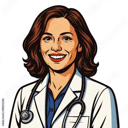 female doctor wearing a white coat and stethoscope, symbolizing healthcare, professionalism, and medical authority. Generative ai vector colorful pop art illustration.