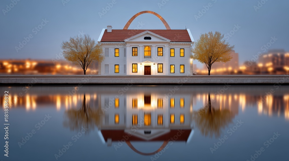 Fototapeta premium A beautiful riverside building with soft lighting reflects in the water, Its serene ambiance and architectural details make it ideal for real estate, travel brochures, or lifestyle publications,