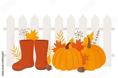 autumn illustration with pumpkins and fence