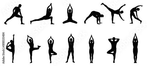 Collection of diverse yoga poses in silhouette form, emphasizing fitness, balance, and mindful movement for a healthy lifestyle and wellbeing