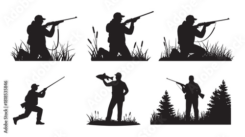 Hunter silhouettes set showing various outdoor activities: aiming with a shotgun, running through grass, and holding a fish in natural settings.