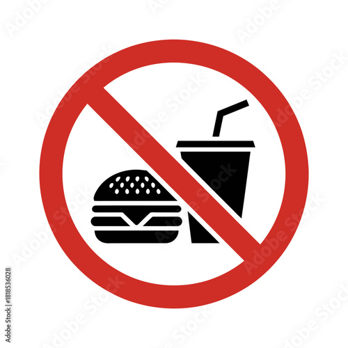 No fast food signage: a clear red circle with a diagonal line over a black hamburger and soda cup, indicating prohibition of unhealthy meals