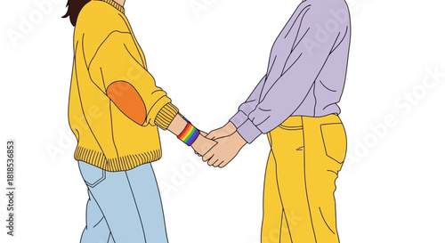 A heartwarming illustration of two women holding hands, celebrating their love and pride, with one partner wearing a rainbow wristband symbolizing their relationship