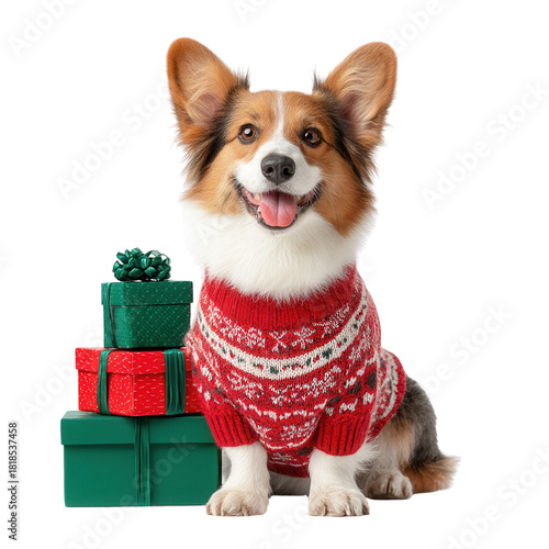 christmas Cheerful dog in a festive sweater with holiday presents.