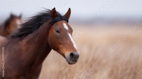 Brown horse with a black mane and a white face is running through a field