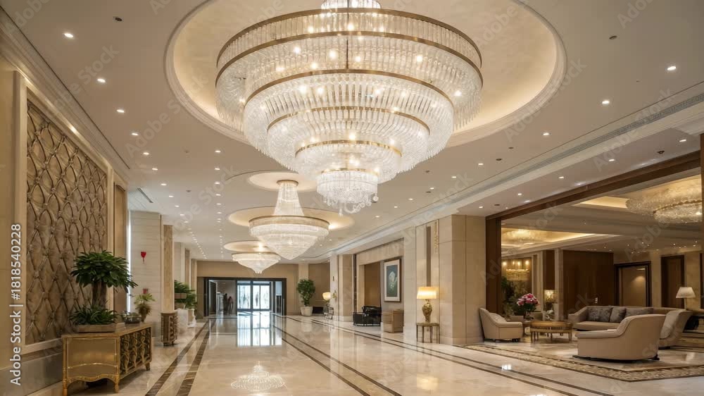Grand hotel lobby with sparkling crystal chandeliers and elegant marble ...