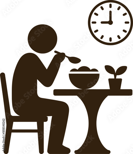 Person Eating Cereal at Table with Clock and Plant
