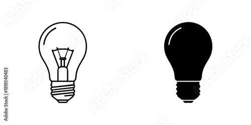 Outline and solid black light bulb icons representing ideas and electricity, isolated on