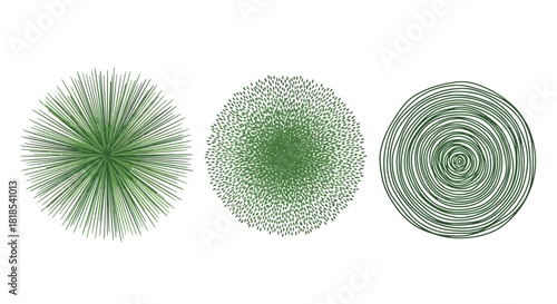 Three distinct green circular abstract patterns on a white background, showcasing various textures and designs.