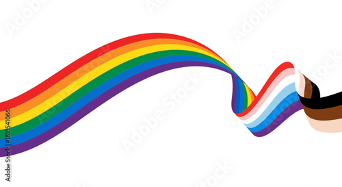 Rainbow flag with added colors representing the LGBTQ+ community, flowing across a white background.
