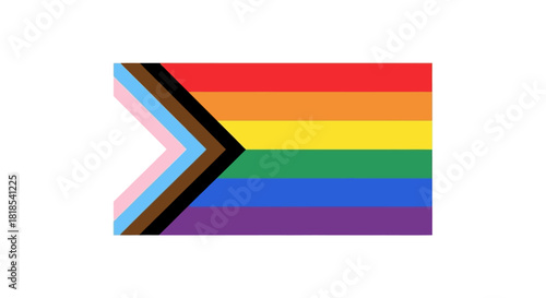 The Progress Pride Flag, a symbol of LGBTQ+ inclusion, featuring rainbow stripes and a chevron for marginalized communities, on a white background.