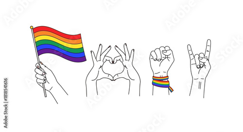 A line drawing of four hands displaying symbols of LGBTQ+ pride, including a rainbow flag, heart shape, and wristband.