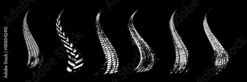 Tire track. Car, bike, motorcycle tyre mark with grunge effect isolated on black background. Wheel footprint on road. Top view of rubber protector mark. Realistic vector illustration.