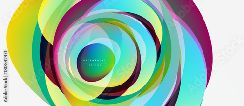Abstract colorful layers create dynamic circular pattern. Vibrant hues blend, forming modern design element. Smooth gradients suggest movement.