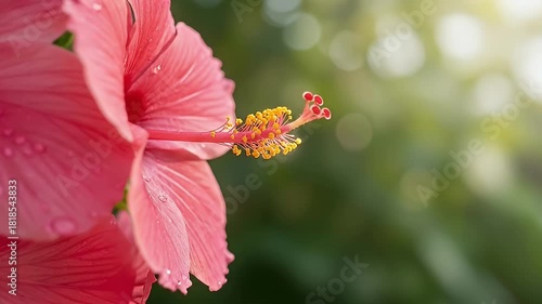 A stunning macro close-up captures the delicate beauty of a vibrant pink hibiscus flower. Glistening water droplets adorn its soft petals, while a single, perfect droplet gracefully detaches and falls