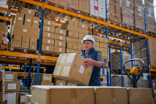 Photos Senior male warehouse worker unloading boxes from a pallet truck.