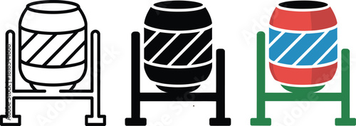 Three Icons of a Cement Mixer Drum in Outline, Solid Black, and Color