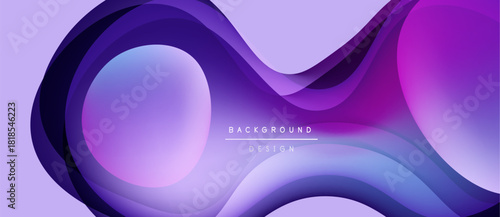 Abstract purple design features overlapping layers, creating dynamic flowing shapes. Soft gradients suggest depth, movement.