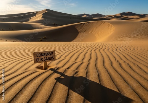 Fototapeta Naklejka Na Ścianę i Meble -  Conserve our sands sign in a vast desert landscape with rolling dunes under a clear blue sky at daytime