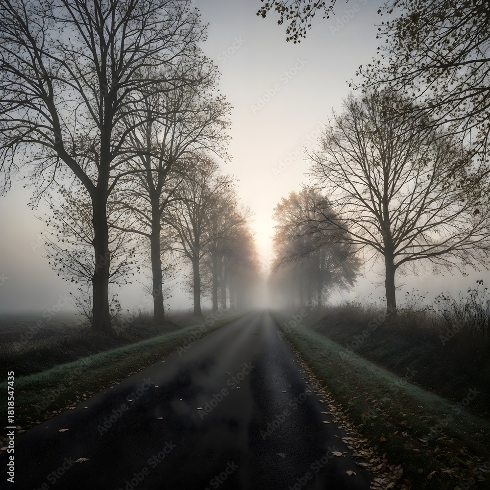 Obraz premium Foggy Early-Morning Countryside Road with Misty Atmosphere – Empty Rural Scene