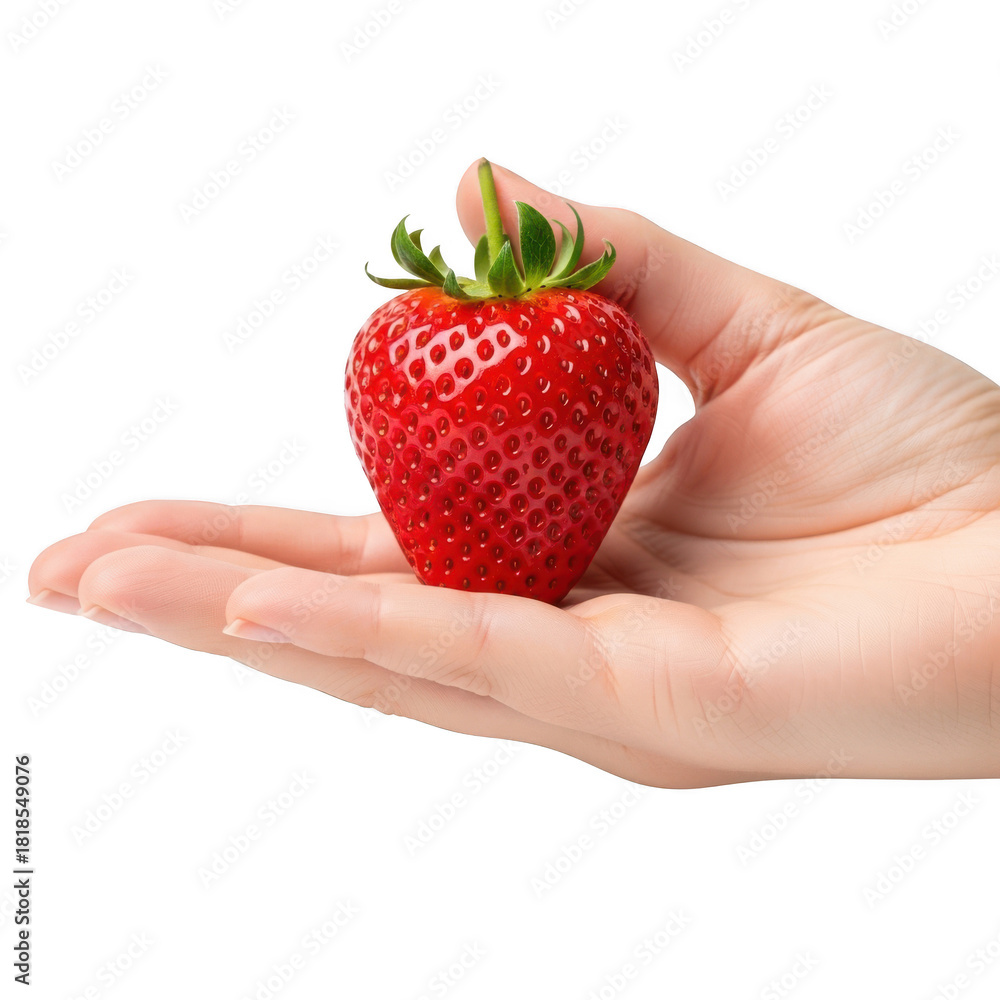 Obraz premium Freshly picked strawberry held gently in hand, perfect for healthy lifestyle ads