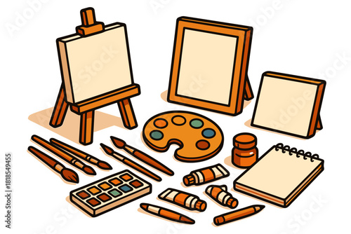 Art supplies icon set. Art supplies vector set. Art supplies with easel, paint, brushes and palette for design and print.