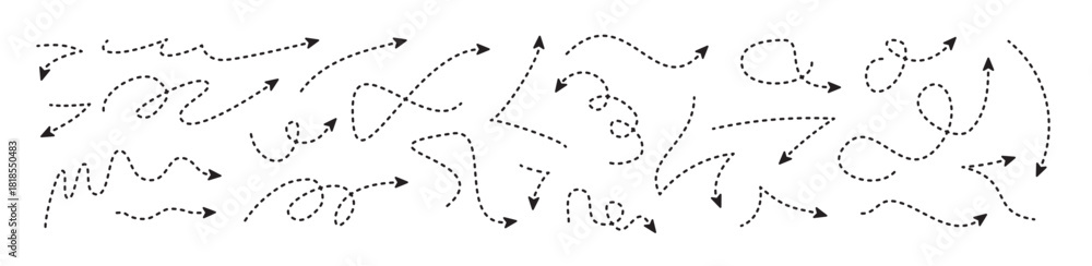 Obraz premium Dotted broken arrows. Doodle curves, dots, wavy lines. Directional marks for creative travel map illustrations. Hand-drawn dash arrow collection. Dotted lines, dashed curves, circular swirls bg
