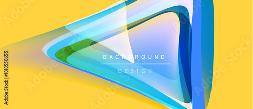 Abstract yellow background features flowing blue shapes, translucent layers. Modern design elements create dynamic visual effect.