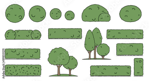 Stylized green hedge and tree illustrations for landscape design, ideal for digital graphics and design