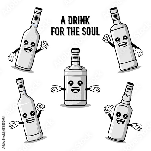 Alcoholic beverage bottles character group vector design monochrome