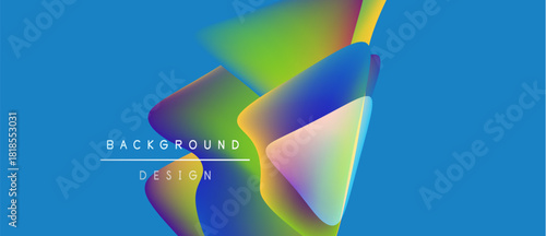 Vibrant abstract shapes overlap, creating colorful fluid design. Blue background enhances visual impact. Text reads background design.