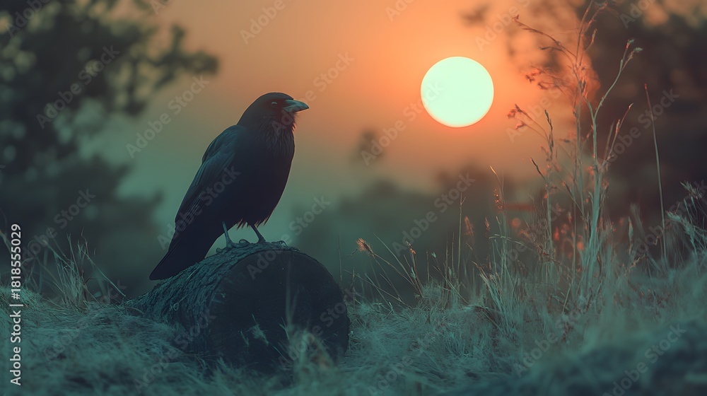Obraz premium A lone crow perched on a log silhouetted against a vibrant sunset.